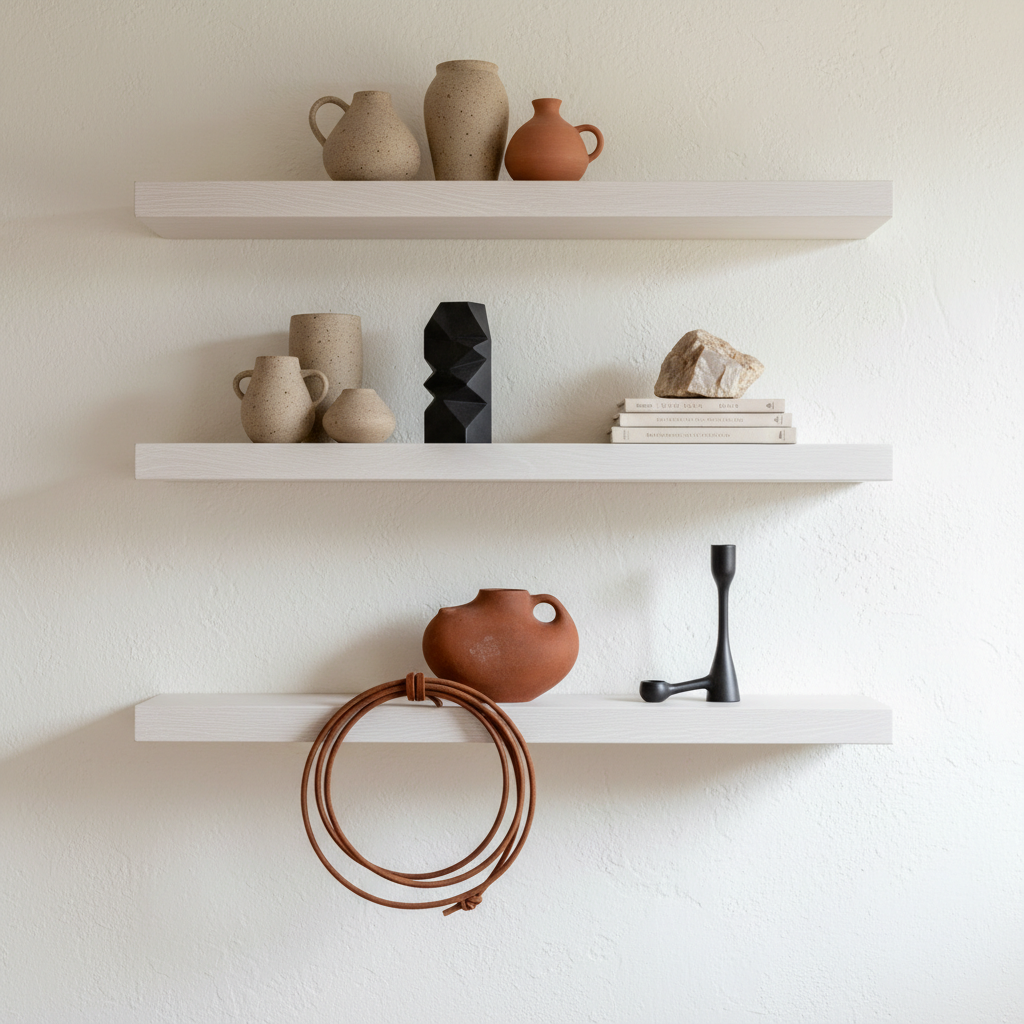 A carefully curated open shelving display embodying modern western style, with thick, floating white oak shelves mounted on a warm white plaster wall. On the shelves, a balanced arrangement of speckled stoneware vessels in sand and clay tones, a few matte black metal objects, a small stack of linen-covered books with neutral spines, and a single piece of raw desert quartz. A coiled leather lasso in a refined, cognac tone is artfully draped beside a minimal, rust-colored pottery piece. Soft, diffused daylight from the right gently highlights the textures of ceramic, wood, and stone. Photographic realism, straight-on composition with clean negative space and sharp focus, creating a calm, sophisticated, gallery-like atmosphere.