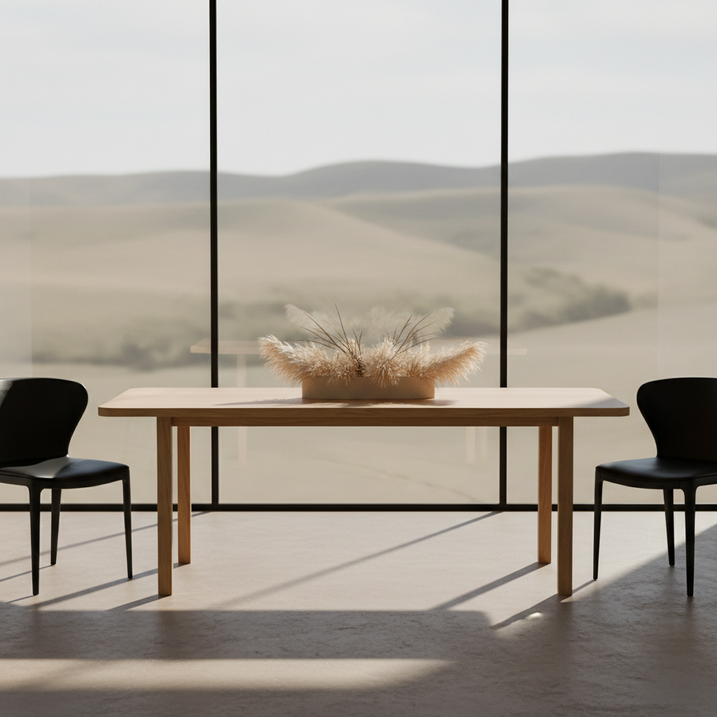 A minimalist modern western dining scene with a slim, rectangular pale oak table featuring clean lines and slightly rounded edges, set on a smooth concrete floor in a warm gray tone. At the center of the table, a long, low ceramic centerpiece in a matte sand finish holds a sparse arrangement of dried grasses and cream-colored pampas plumes. Two sculptural black leather dining chairs with thin metal legs frame the table edges in the foreground. In the background, a large floor-to-ceiling window reveals a blurred hint of desert landscape in soft beige and sage hues. Late afternoon sunlight casts warm, linear shadows across the table surface. Photographic realism, eye-level perspective, rule-of-thirds composition, emphasizing calm, refined, and sophisticated western living.